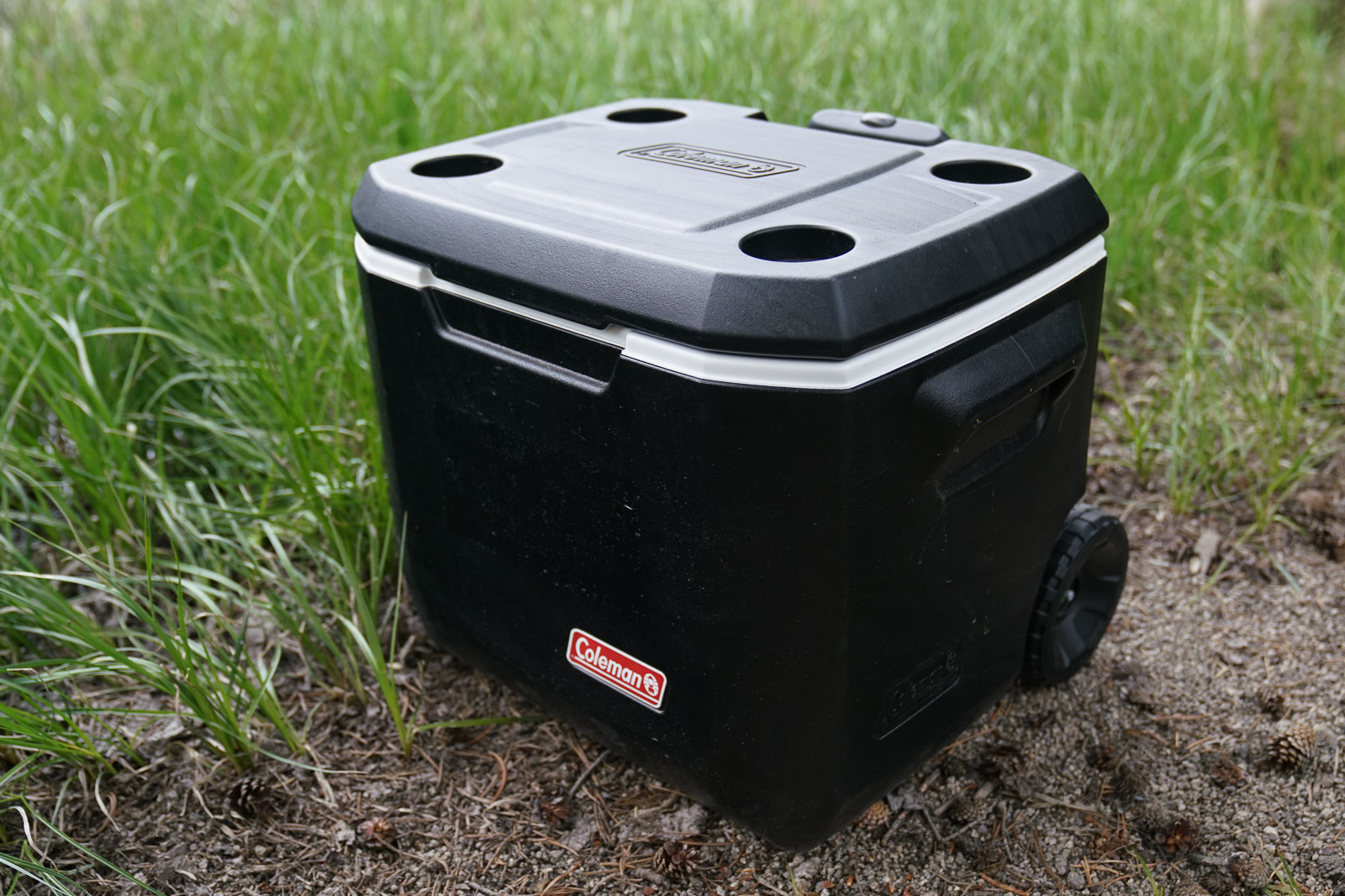 A close up of a cooler sitting on the ground in the grass.