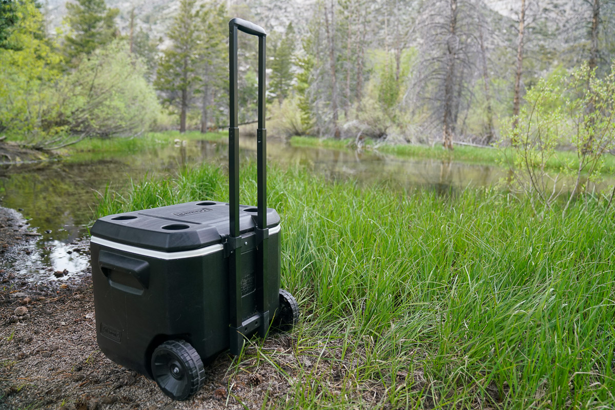 A close up of a cooler sitting on the ground in a forest near a stream.
