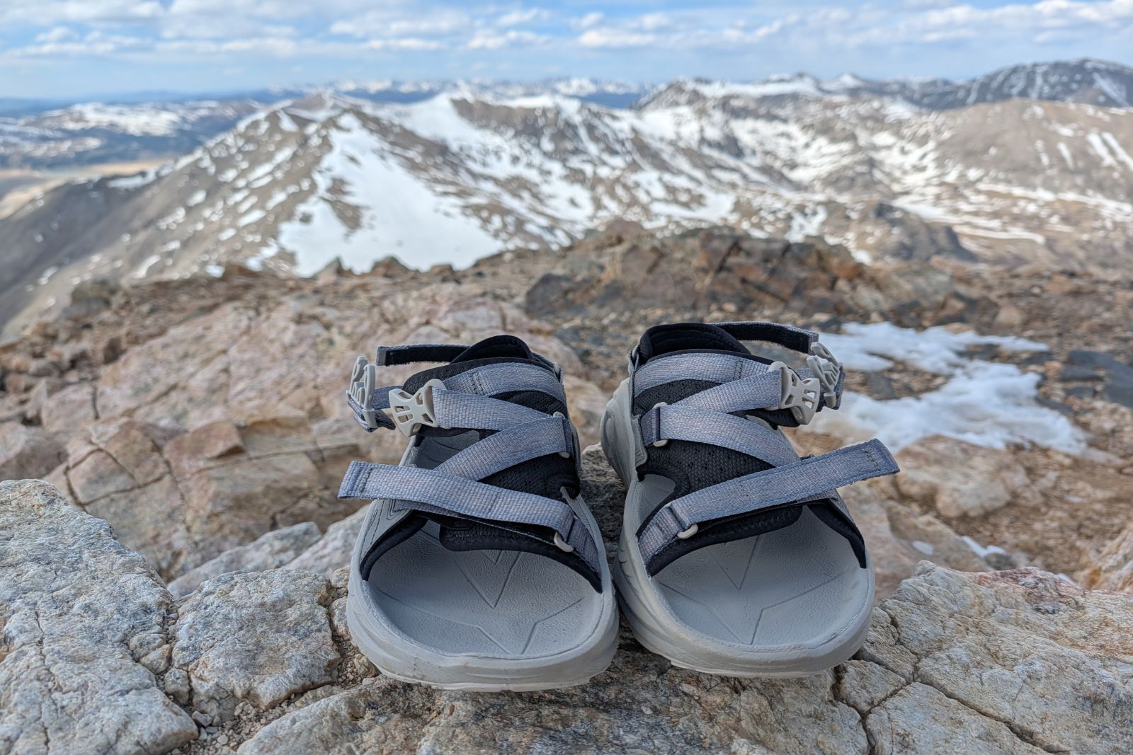 Summit views of the front of the Hoka Infini Hike TC sandals.
