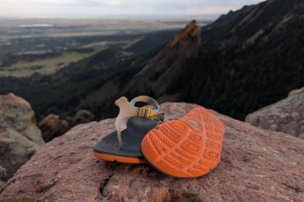 Showing off the tread and footbed of the Lems Switchback Knits high above Boulder during golden hour.