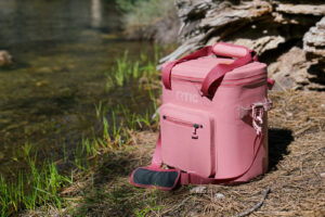 A wet soft-sided cooler sits next to a creek.