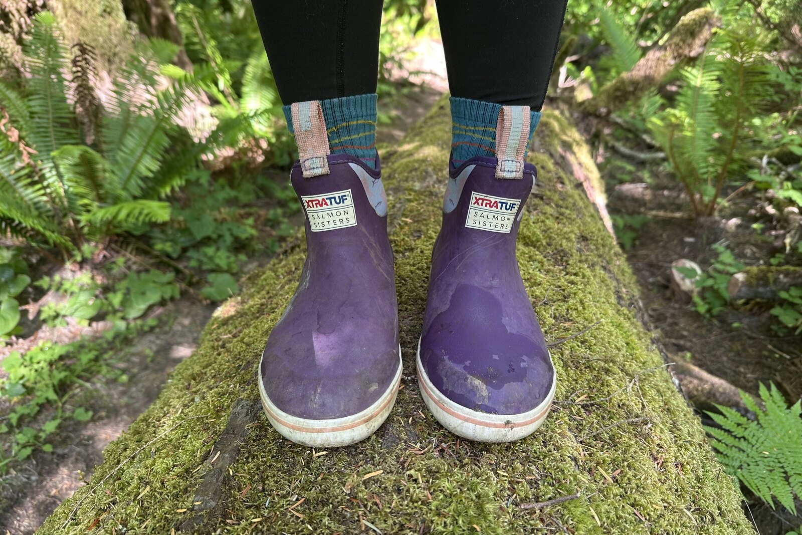Close up of purple ankle rain boots standing on a mossy log.