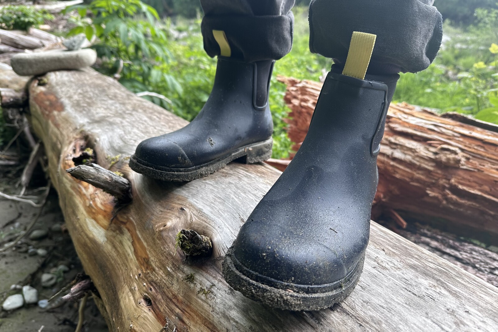 Close up of navy ankle rain boots standing on a log.