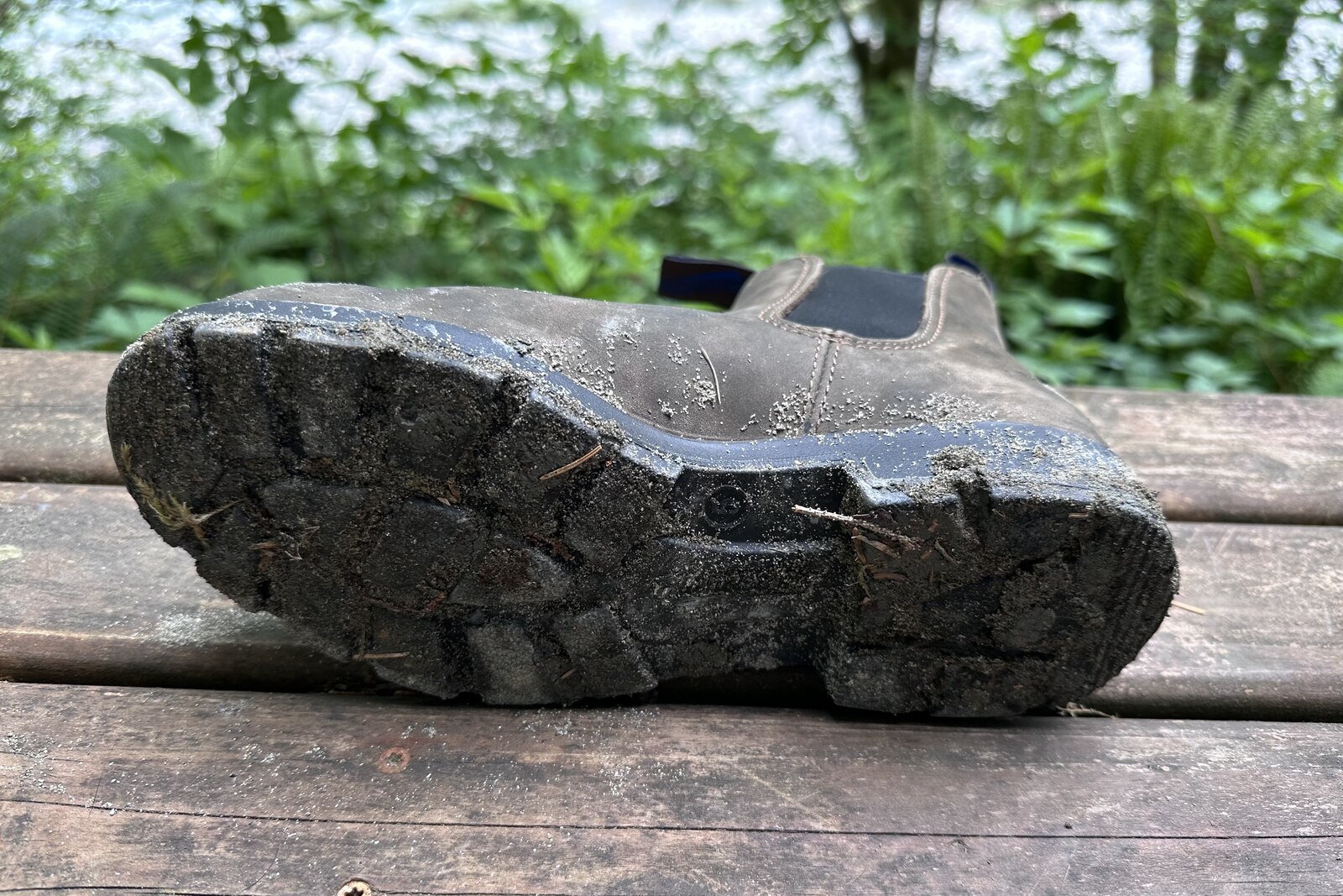 Bottom view of the tread on a leather ankle boot. Some mud and debris has built up in the tread.