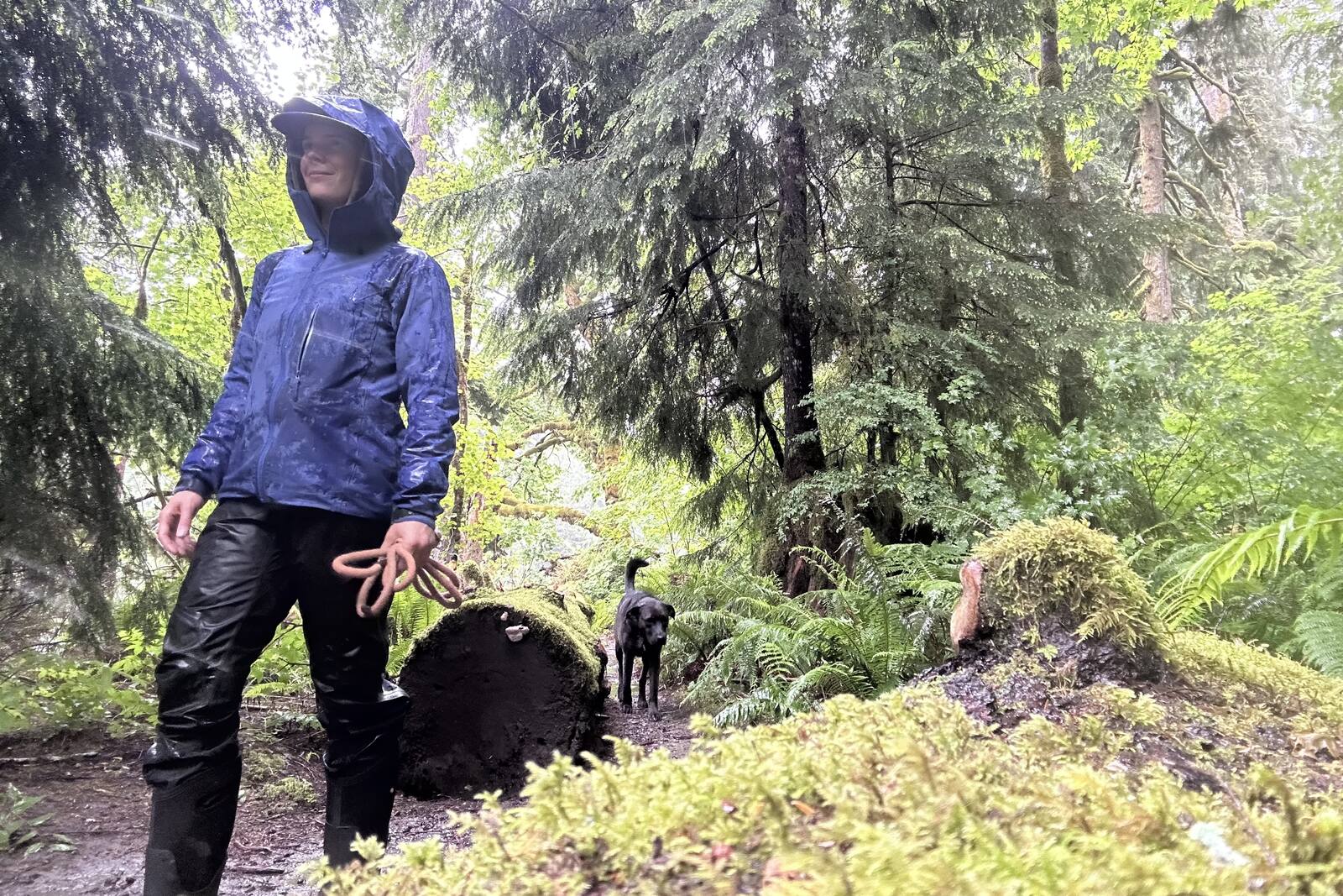 A person walks through mossy woods in full rain gear and tall black rubber rain boots.