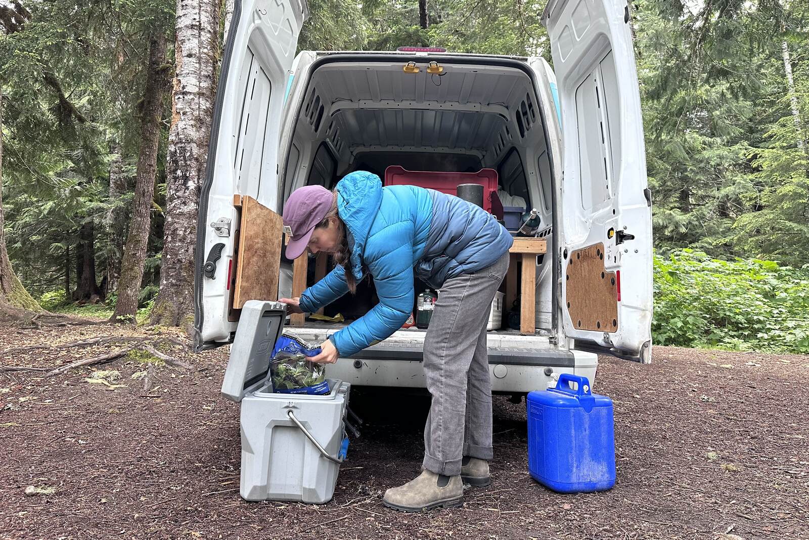 A person is taking a bag of greens out of a cooler in front of a small camper van in the woods.