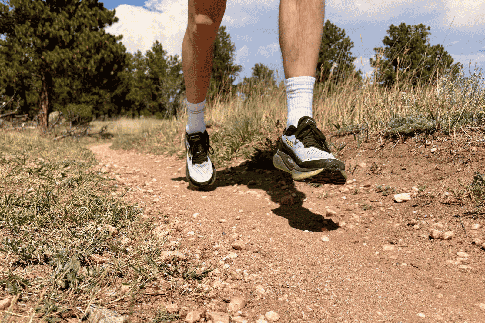 The lower legs of a man running on a hiking trail
