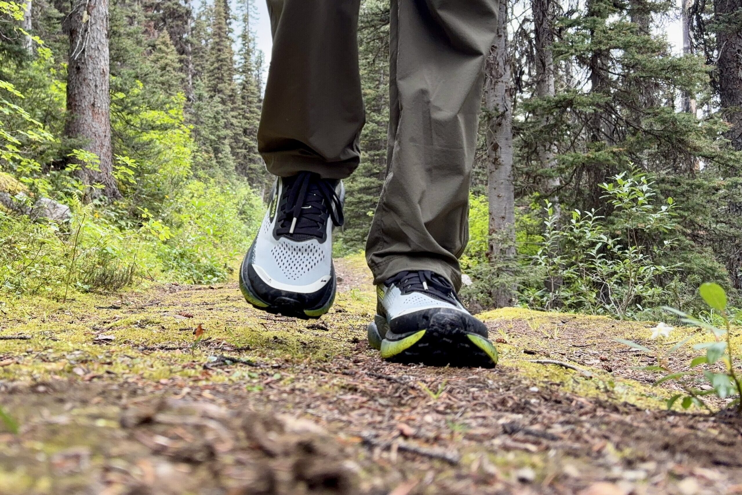 A closeup of a man's feet with sneakers, walking on a forested hiking trail toward the camera