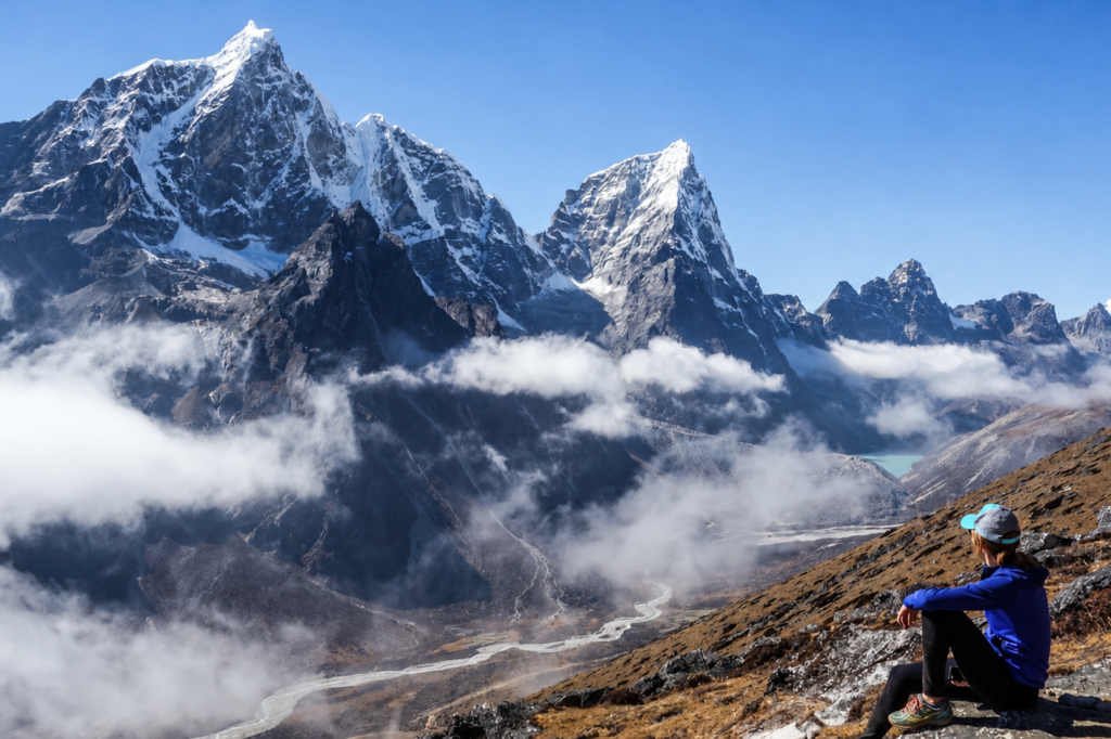 Contemplative Hiker Above Himalayan Valley